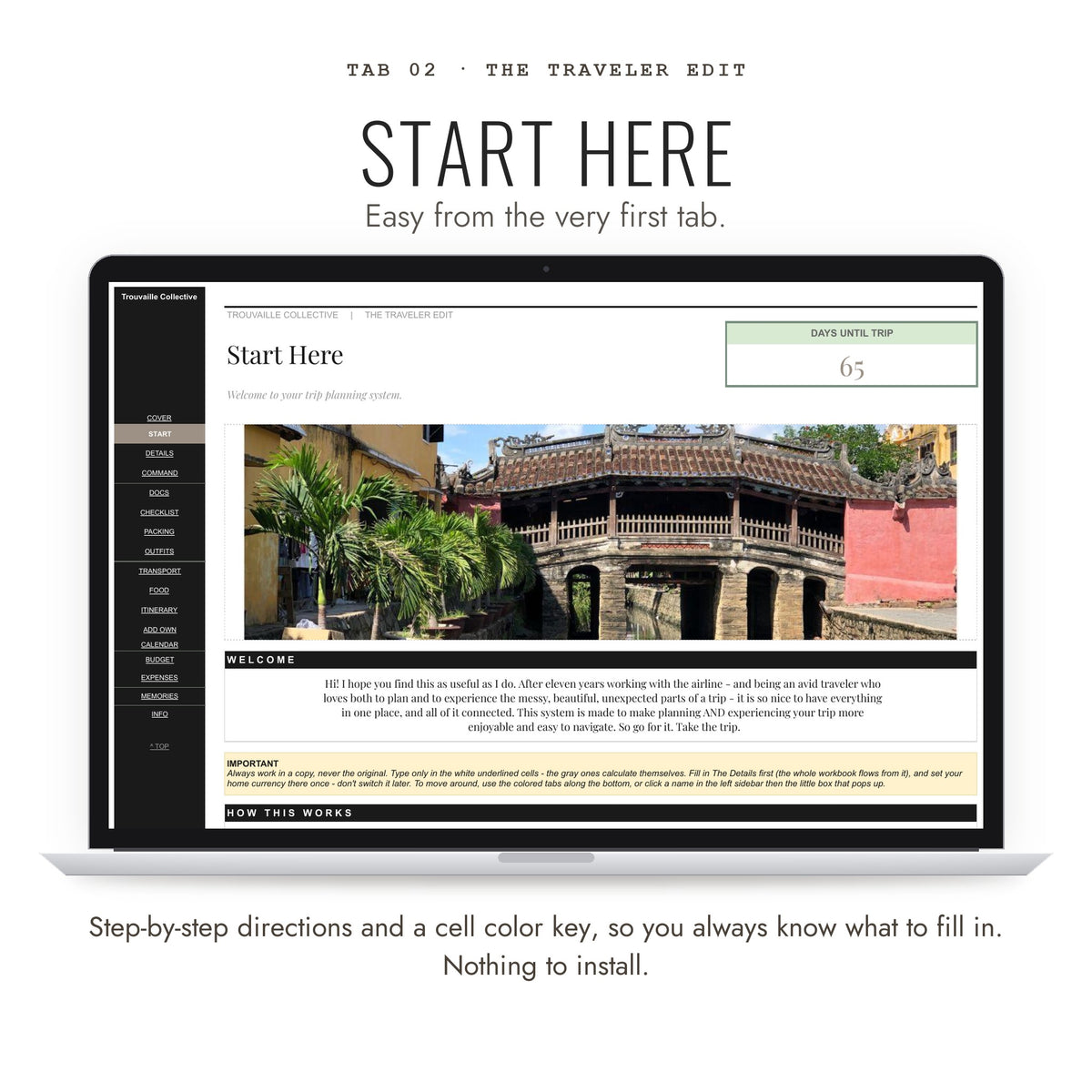 Start Here tab with step-by-step directions and a cell color key