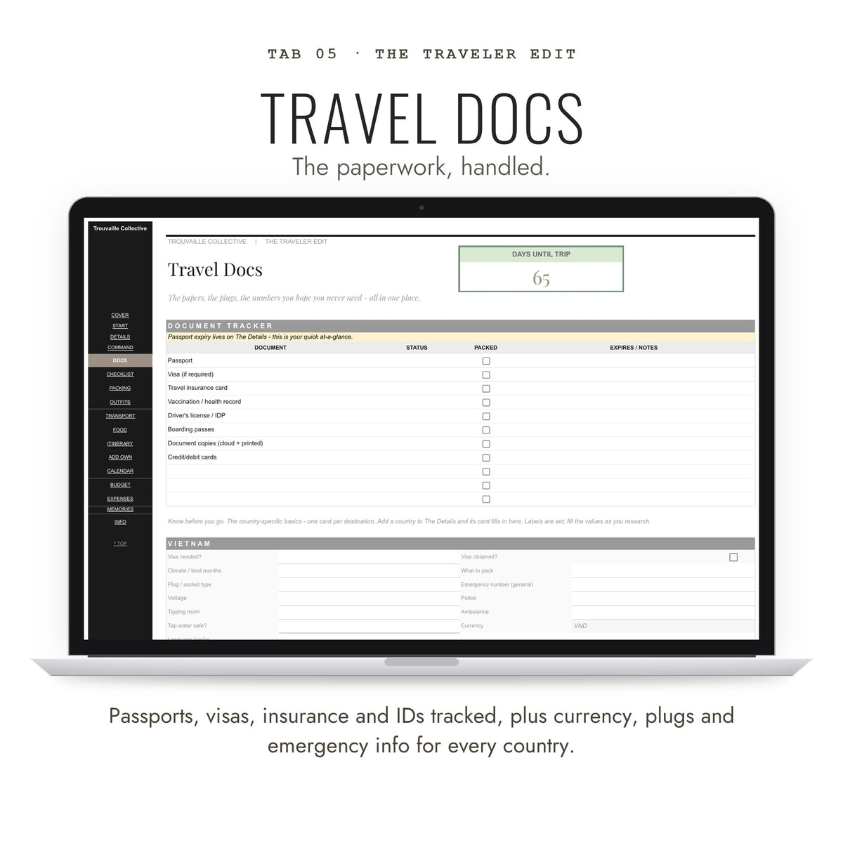 Travel Docs tab tracking passports, visas, insurance and IDs