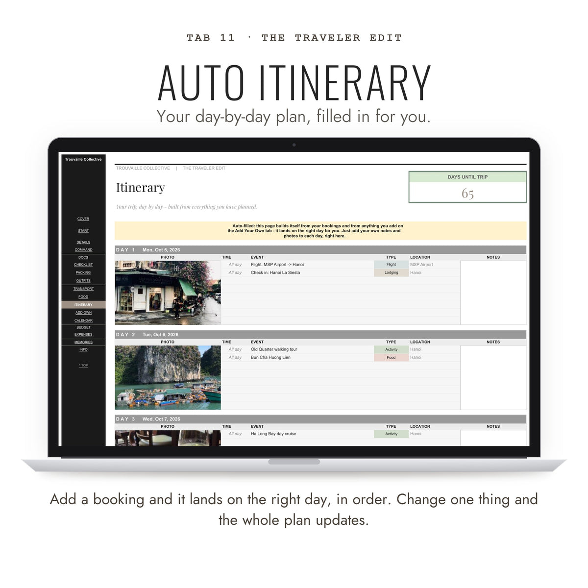 Auto Itinerary tab that builds a day-by-day travel plan from your bookings