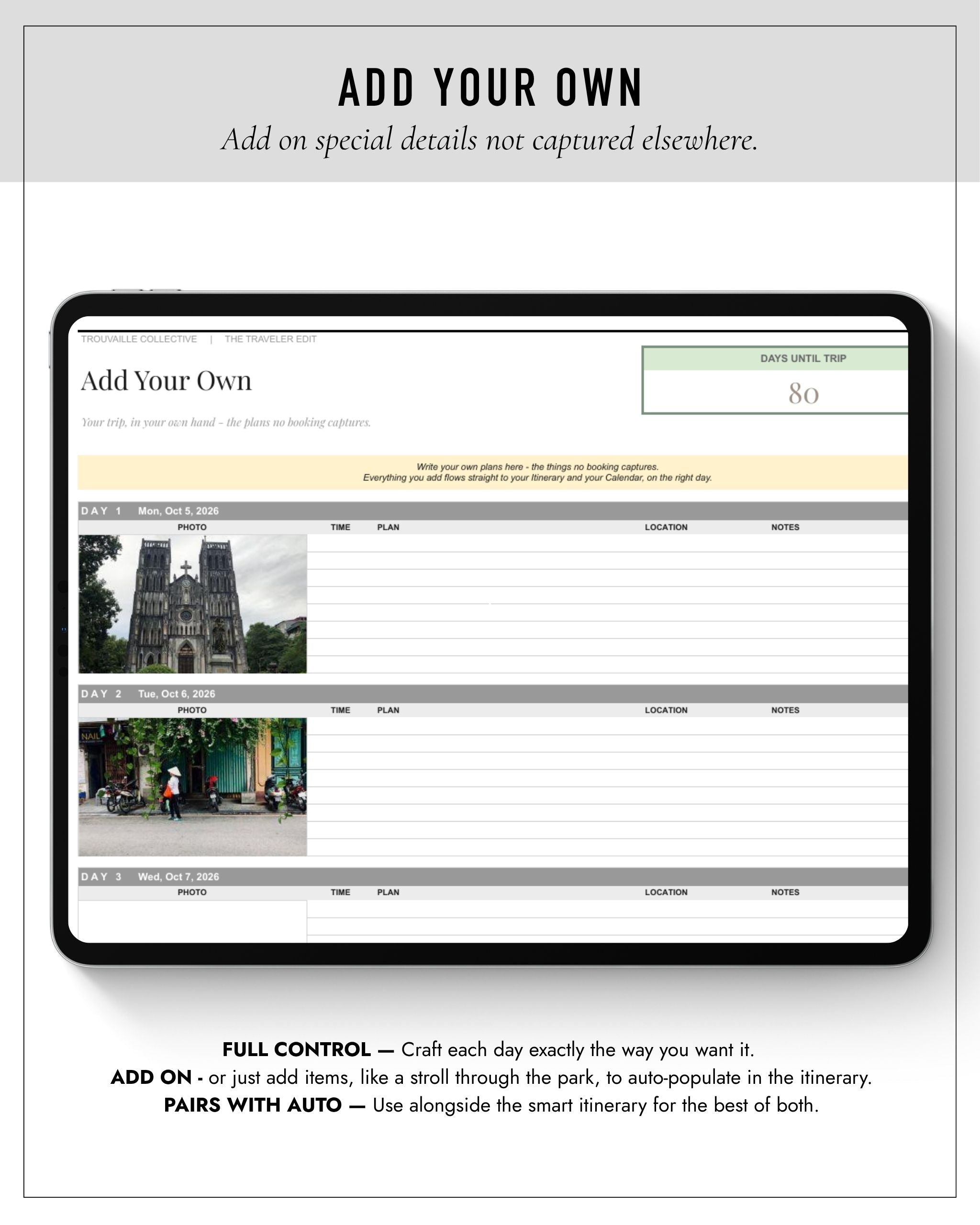 The Traveler Edit Calendar tab showing the whole trip laid out on a month grid