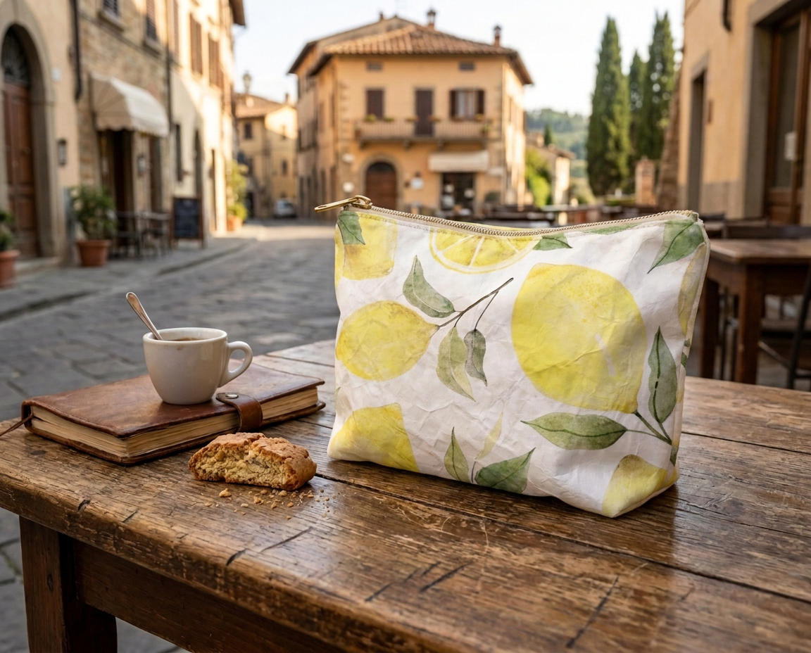 A Trouvaille Collective water-resistant travel accessory bag in a lemon print