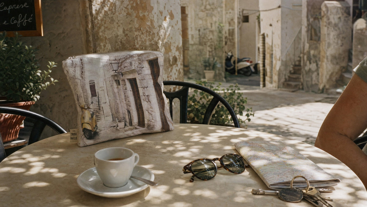 A Trouvaille water-resistant accessory bag on a sunlit cafe table in an Italian alley with an espresso and a folded map