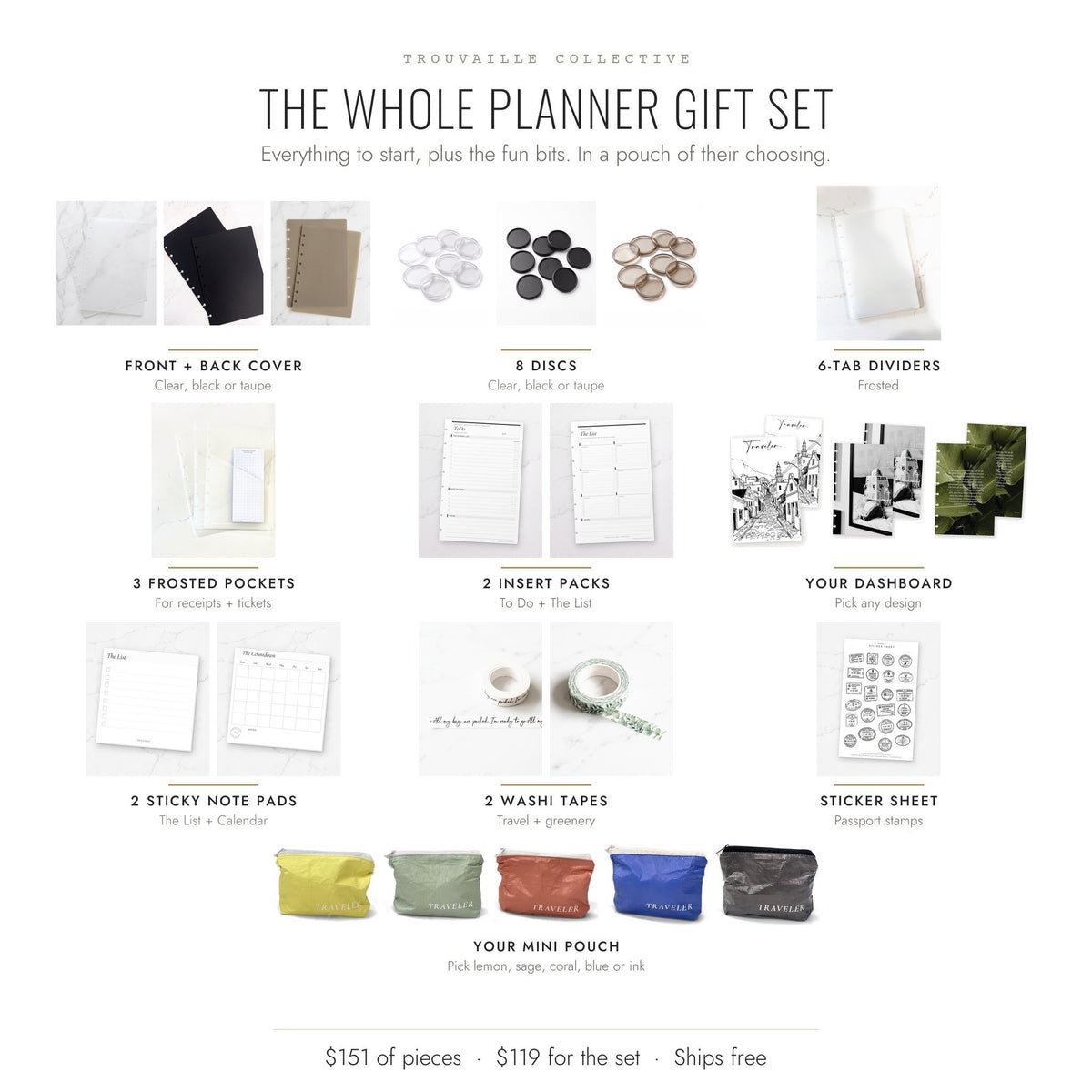 What's inside The Whole Planner Gift Set: cover, discs, dividers, pockets, inserts, a dashboard, sticky notes, washi, stickers and a Mini pouch