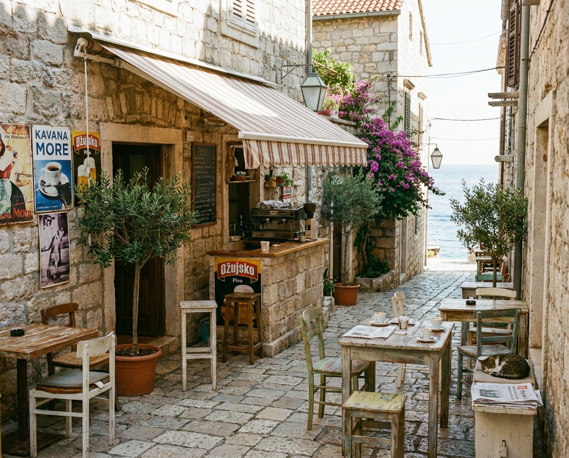 A Croatian cafe alley with a coastal view — Trouvaille Collective
