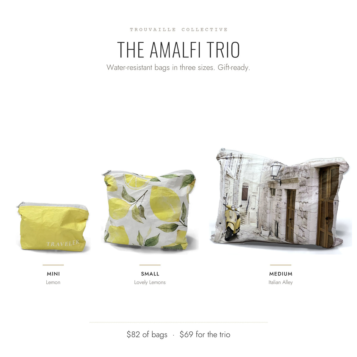 The Amalfi Trio: the Lemon Mini, Lovely Lemons Small and Italian Alley Medium water-resistant accessory bags side by side