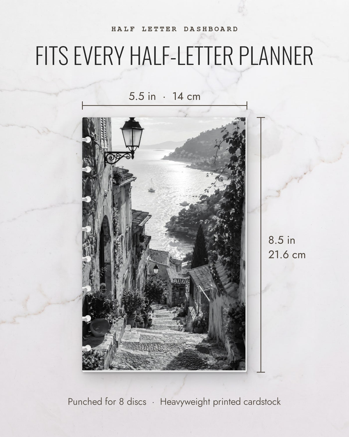 Black & White Walkway cardstock planner dashboard measures 5.5 x 8.5 inches (14 x 21.6 cm), half letter, punched for 8 discs