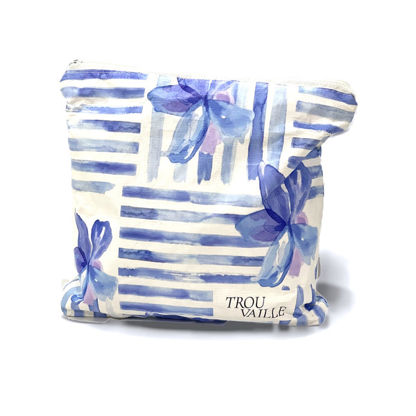 Blue Lines Small water-resistant accessory bag with watercolor blue stripes and periwinkle flowers