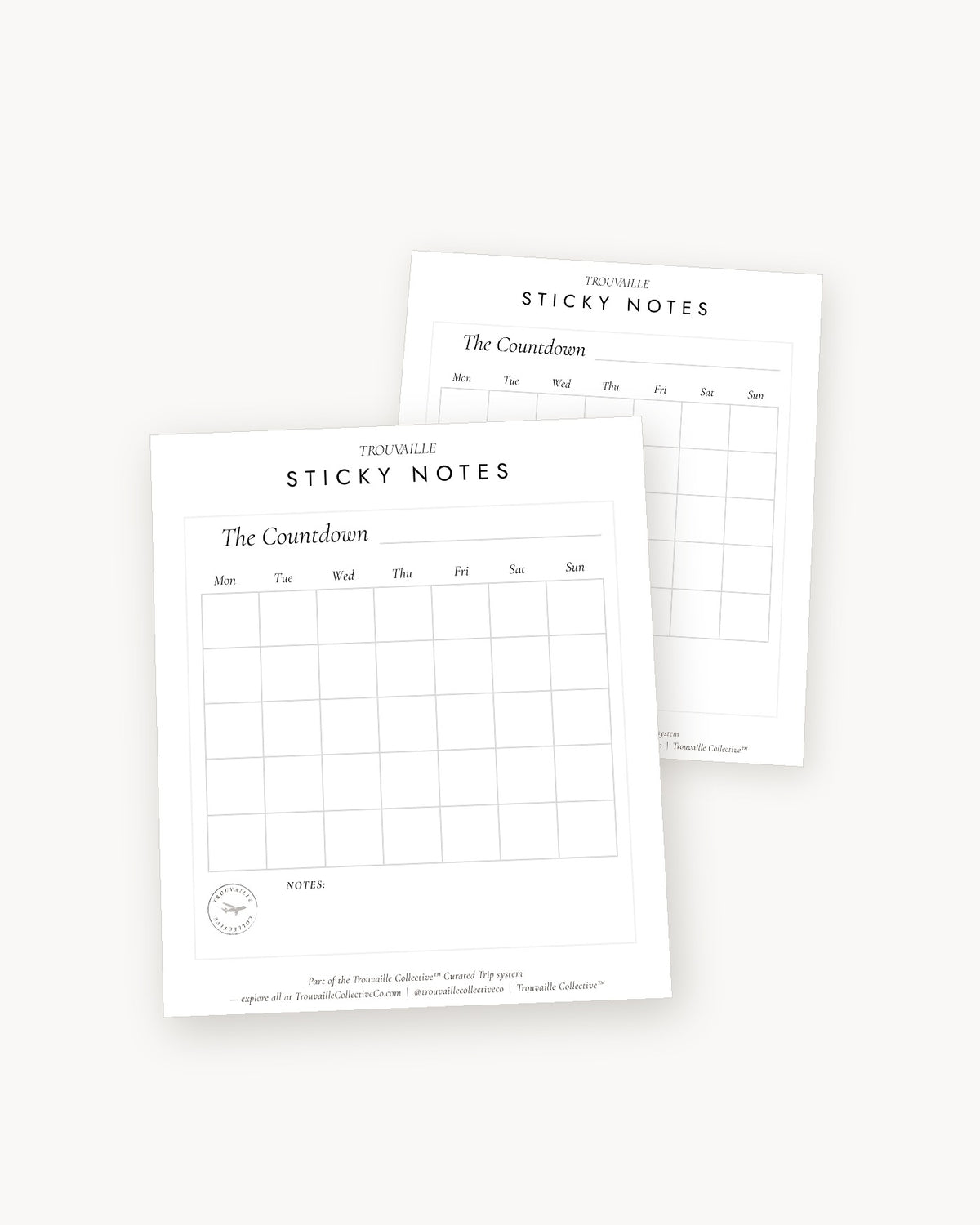 Two Calendar sticky note pads angled on a warm white ground