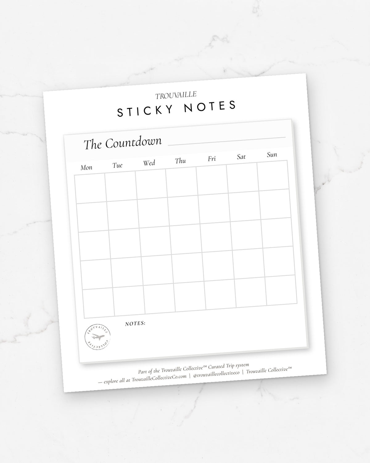 Calendar sticky note pad mounted on its Trouvaille backer card, as it ships