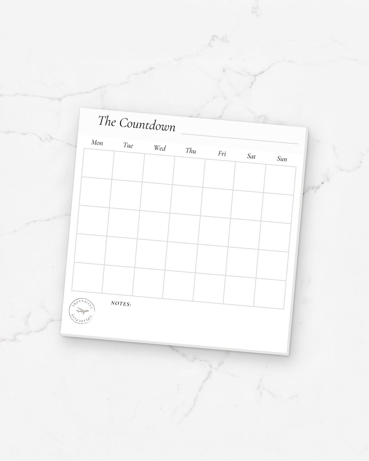 Calendar sticky note pad, 3 x 3 inch undated month-grid sticky notes for planners, on white marble