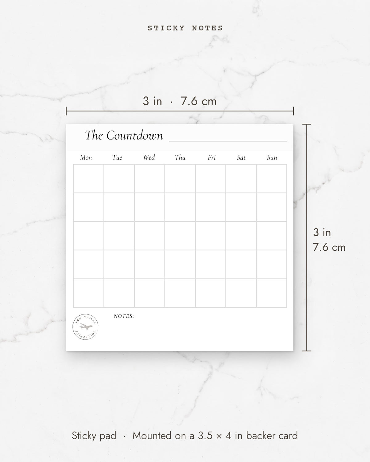 Calendar sticky note pad measures 3 x 3 inches (7.6 x 7.6 cm)