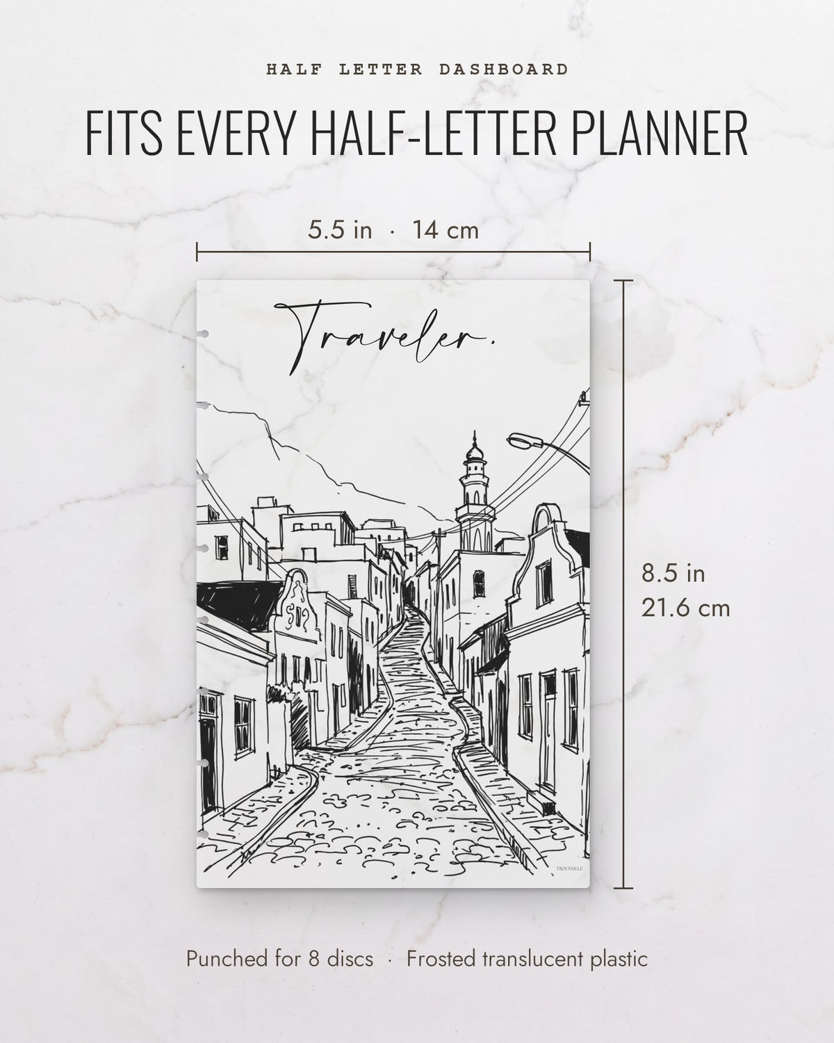 Cape Town frosted planner dashboard measures 5.5 x 8.5 inches (14 x 21.6 cm), half letter, punched for 8 discs