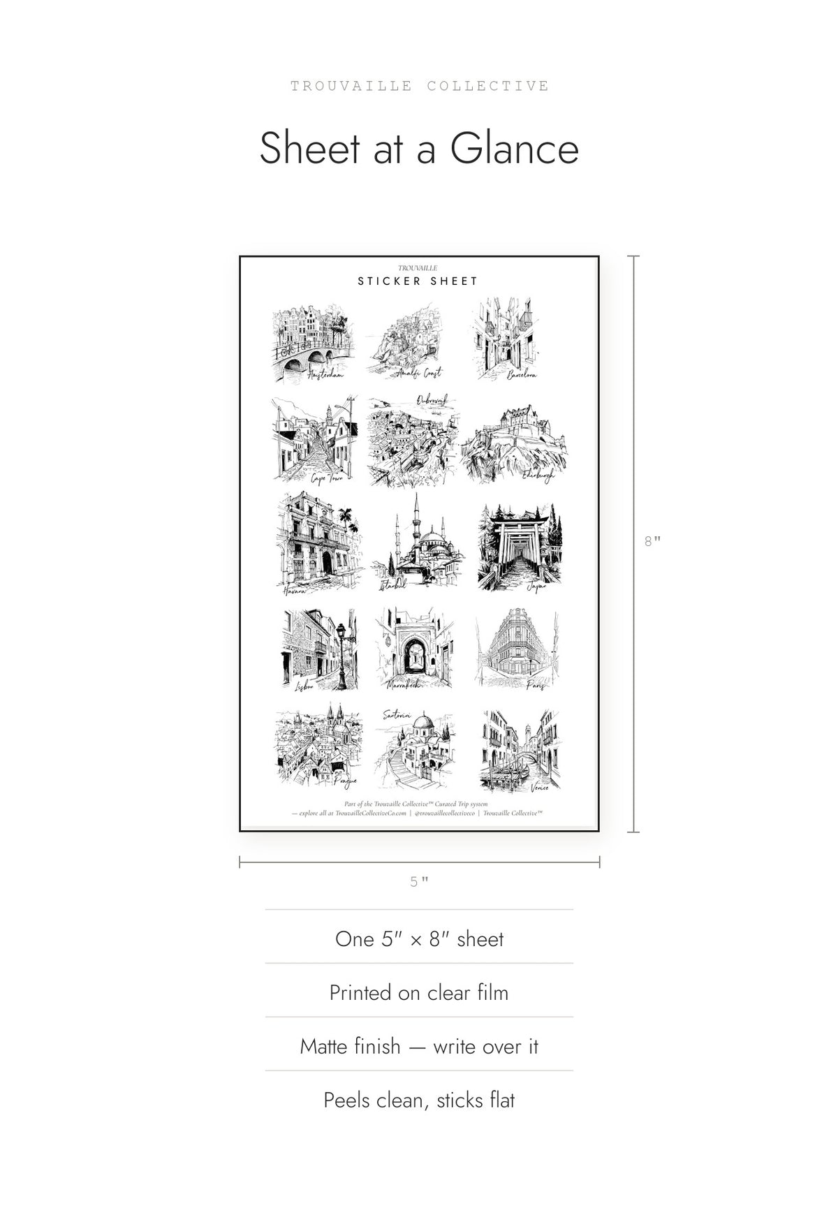 Cities clear sticker sheet shown at 5 by 8 inches, matte finish