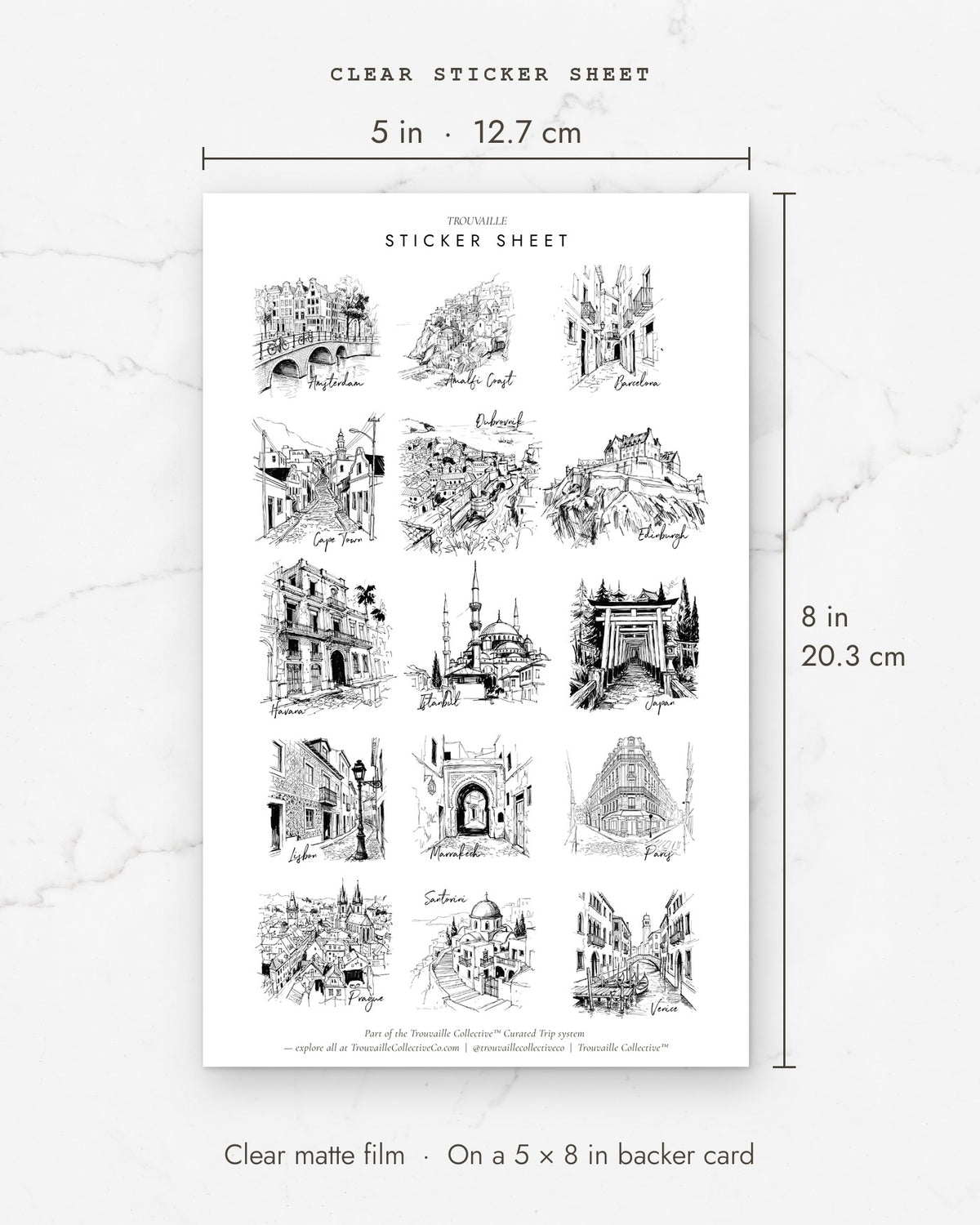 Cities clear sticker sheet measures 5 x 8 inches (12.7 x 20.3 cm)
