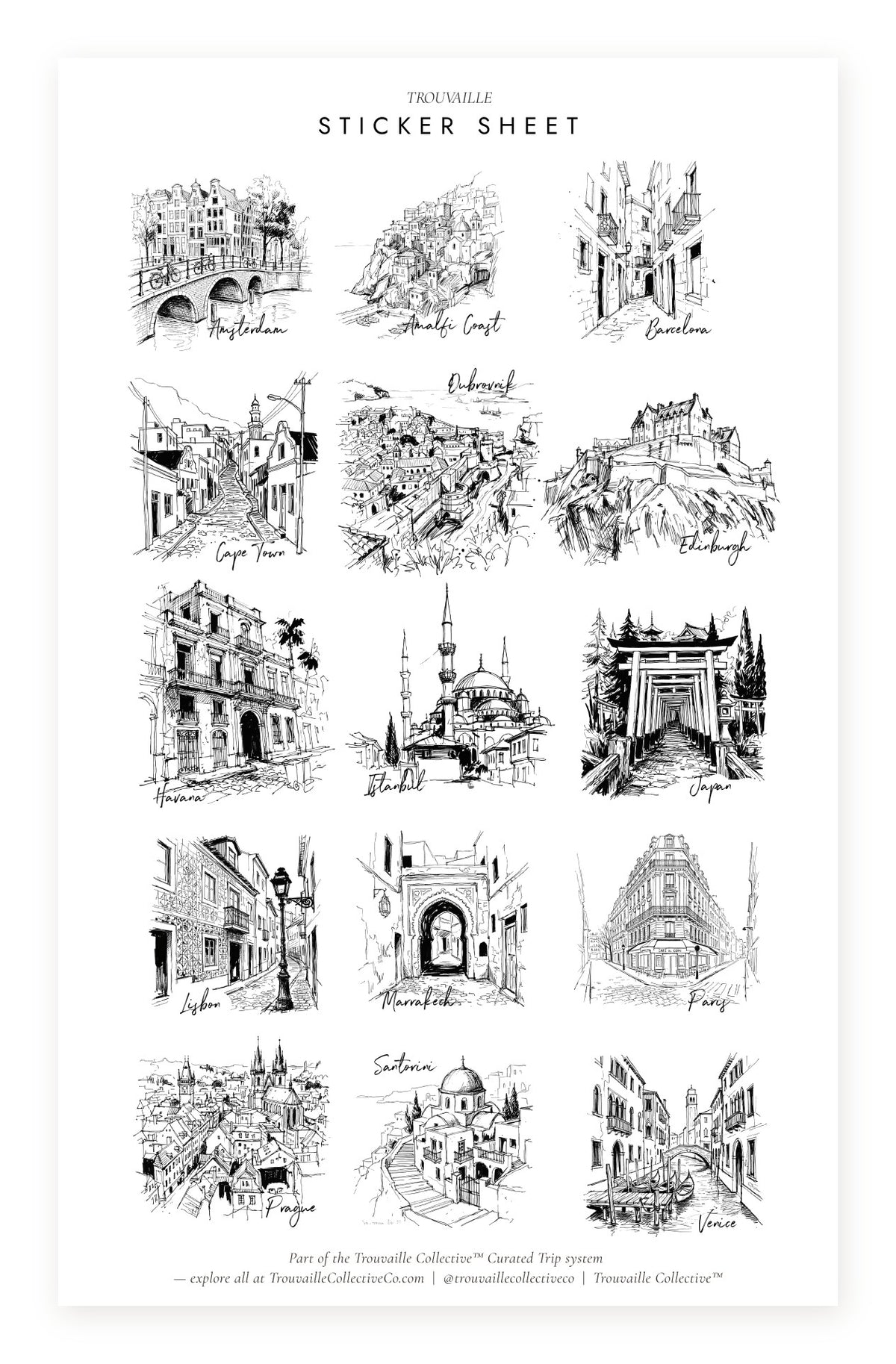 Cities clear sticker sheet for travel planners — hand-drawn city and skyline illustrations