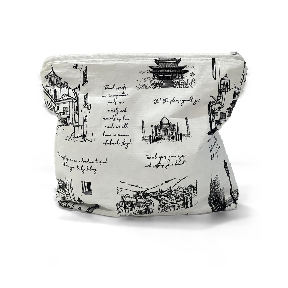 Back of the Cities Small accessory bag showing more landmark sketches and handwritten travel quotes