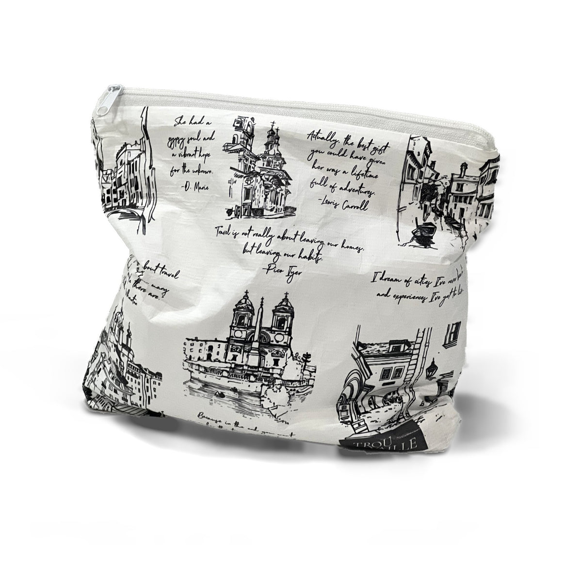 Cities Small water-resistant accessory bag with black-and-white sketches of European landmarks and travel quotes