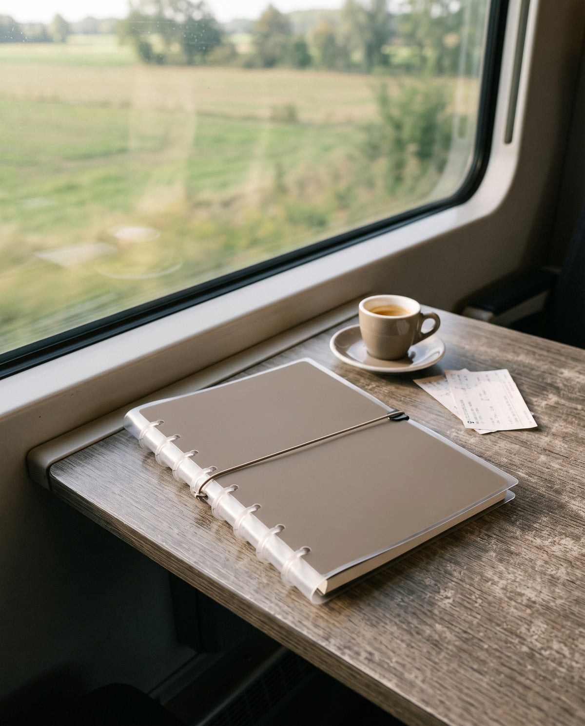 Clear half letter planner binder cover with a thin taupe elastic cord around a taupe discbound planner with 8 discs, on a train window table with an espresso and tickets