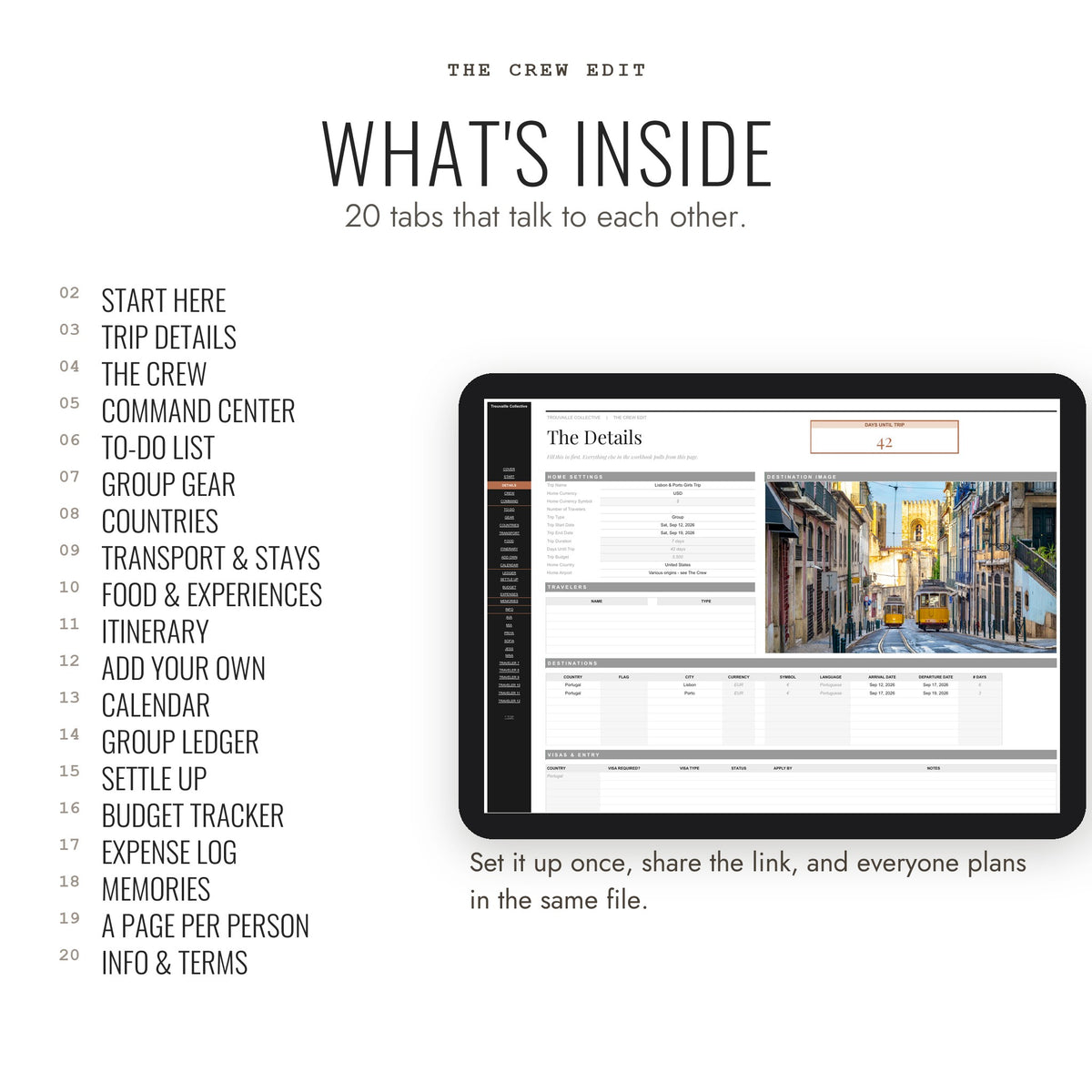What's inside The Crew Edit: 20 connected Google Sheets tabs for group travel