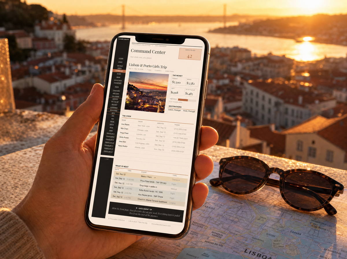 A hand holds an iPhone showing the Crew Edit dashboard at a Lisbon viewpoint over the city at sunset