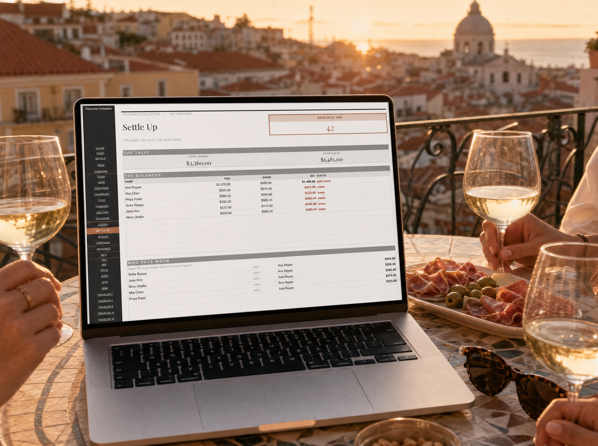 The Crew Edit open on a laptop at a Lisbon rooftop table at golden hour