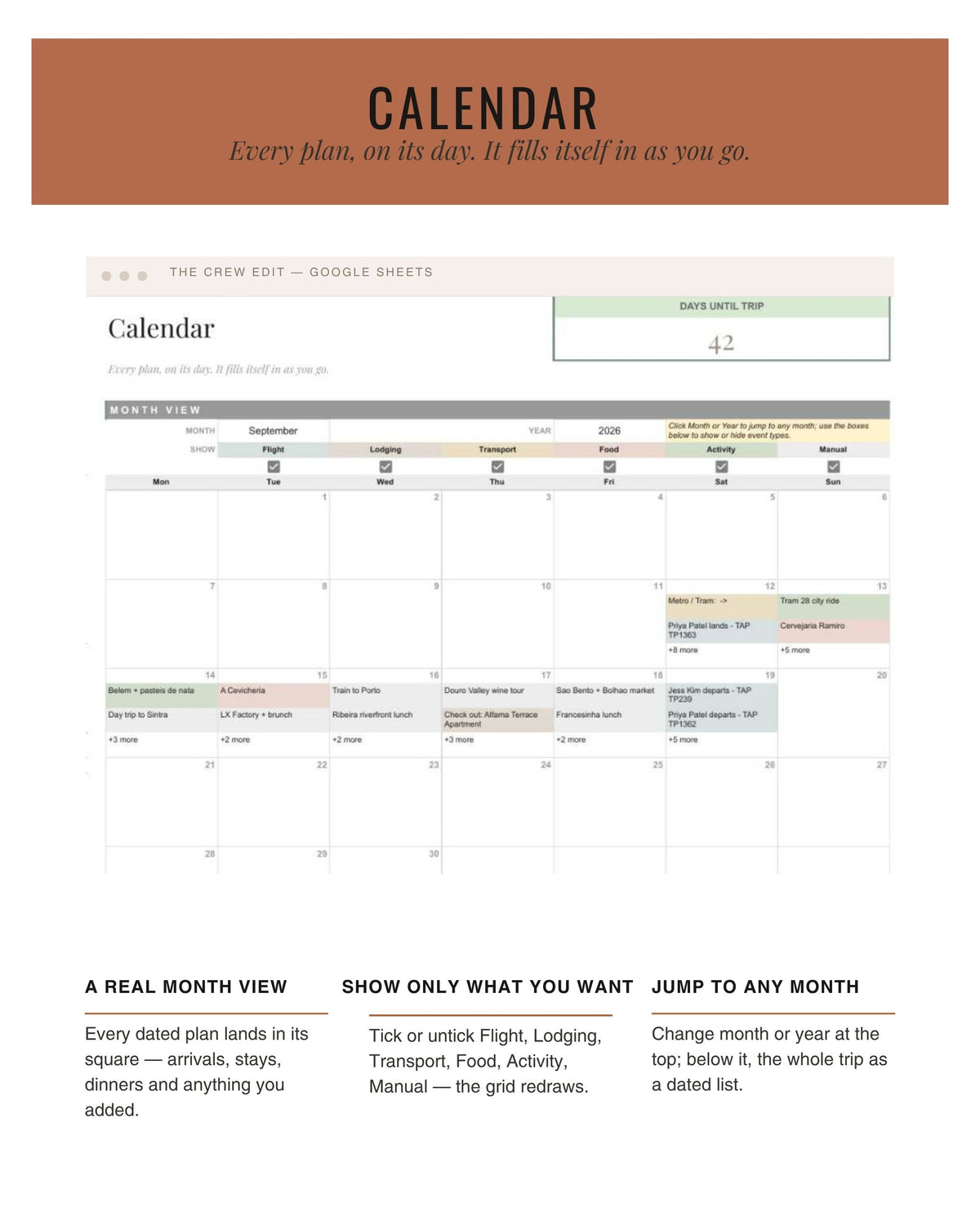 The Crew Edit trip calendar view