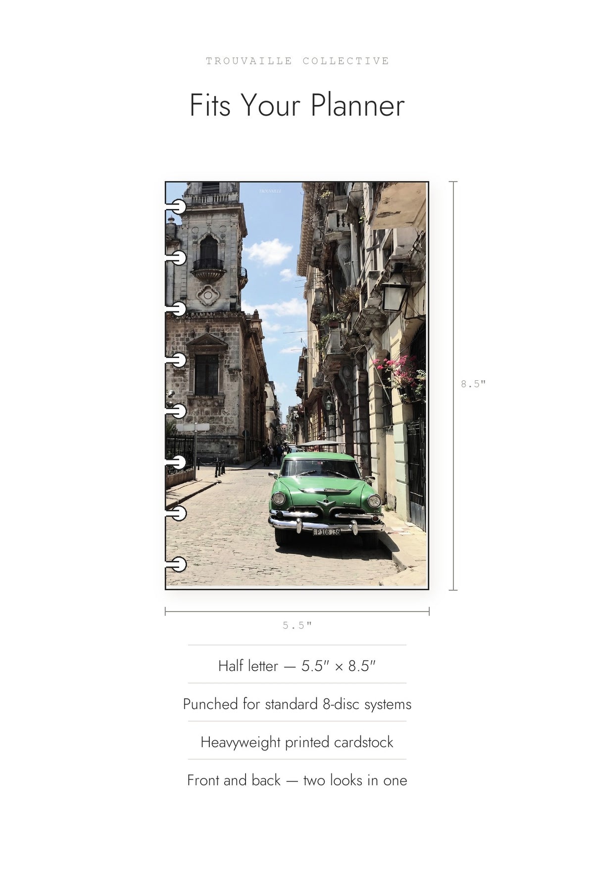 Cuba cardstock dashboard shown at half letter 5.5 by 8.5 inches, punched for 8-disc planners
