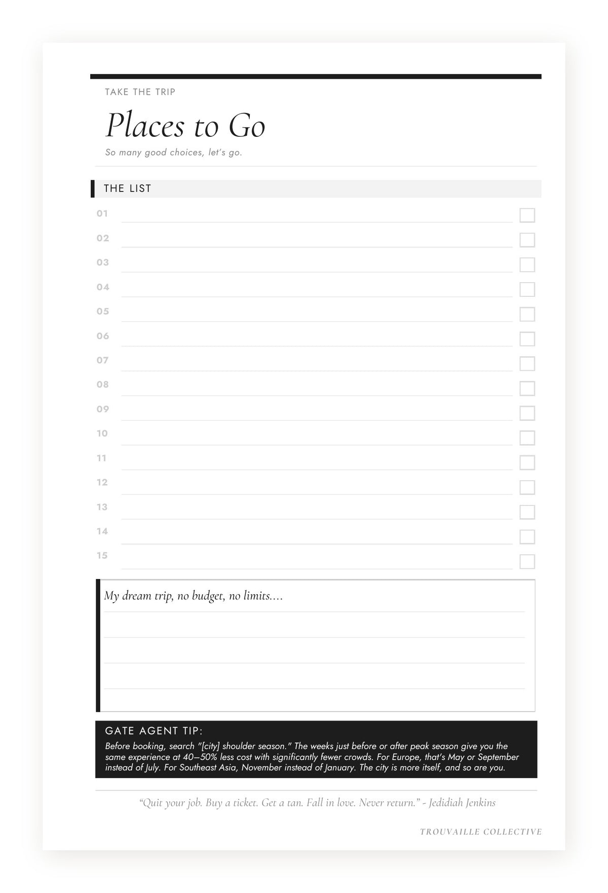 Places to Go travel bucket list page in The Curated Trip travel planner