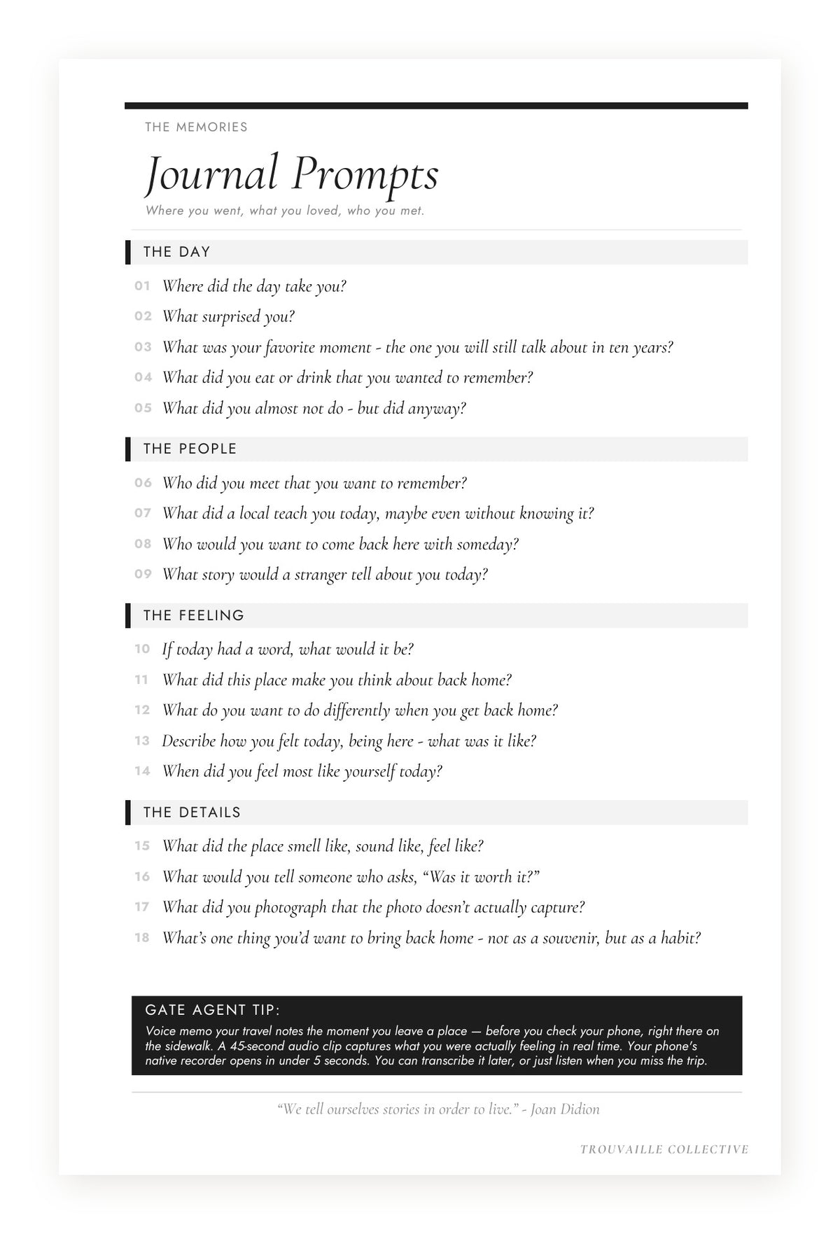 Journal Prompts page with reflective travel questions in The Curated Trip