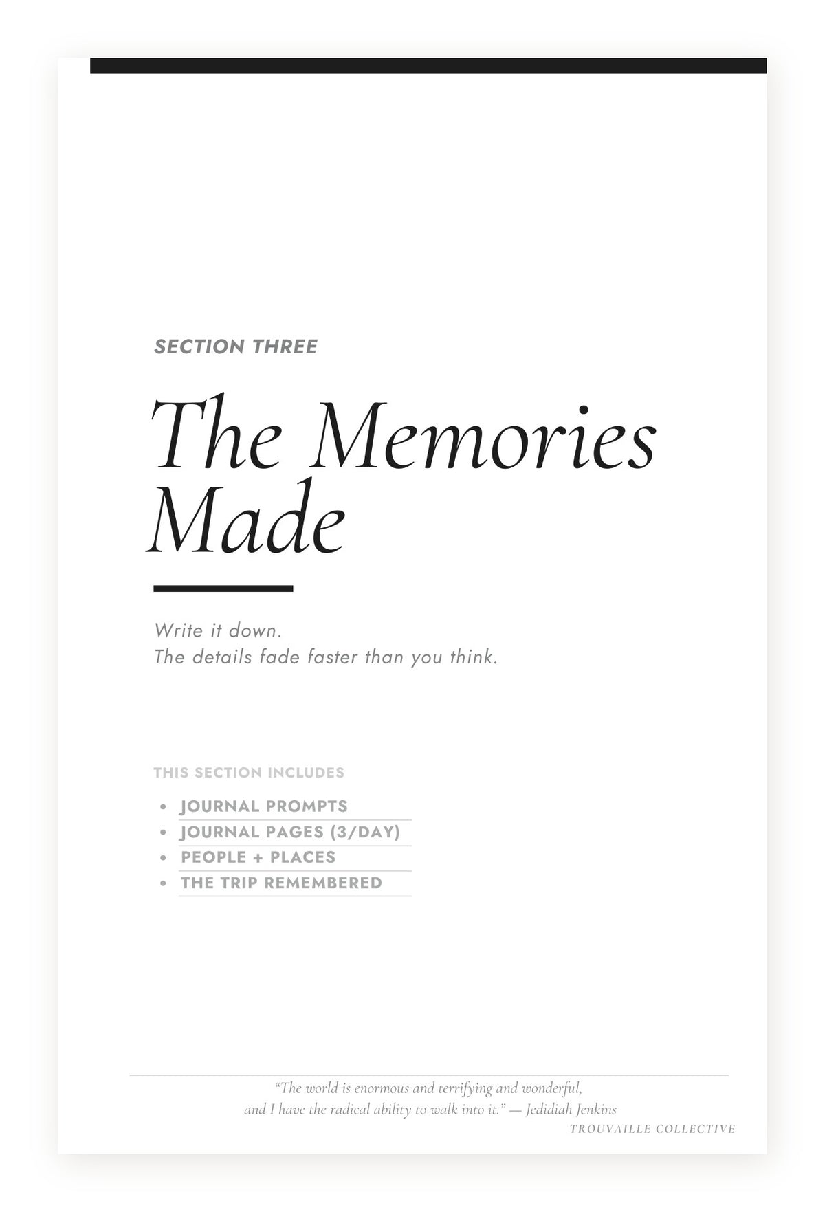 Section Three The Memories Made divider page in The Curated Trip journal
