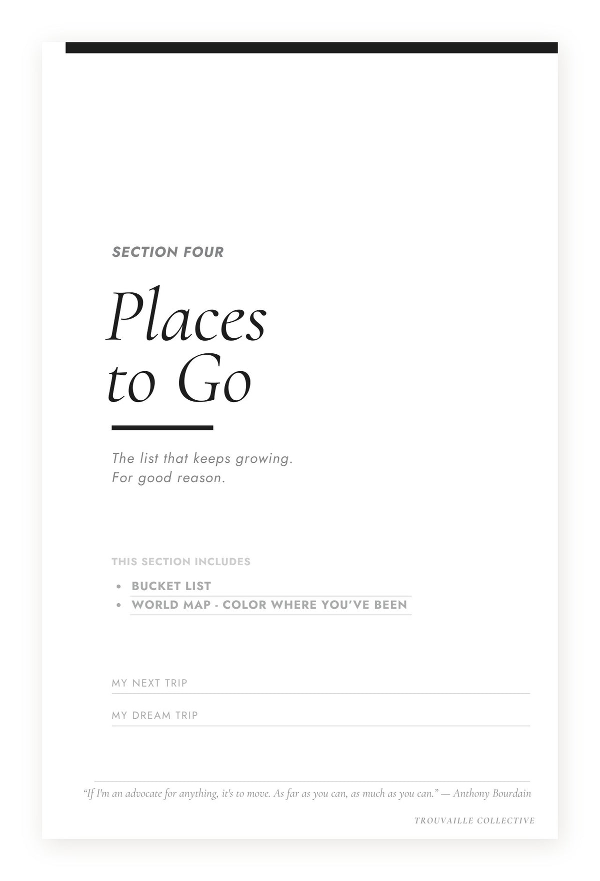 Section Four Places to Go divider page in The Curated Trip travel planner