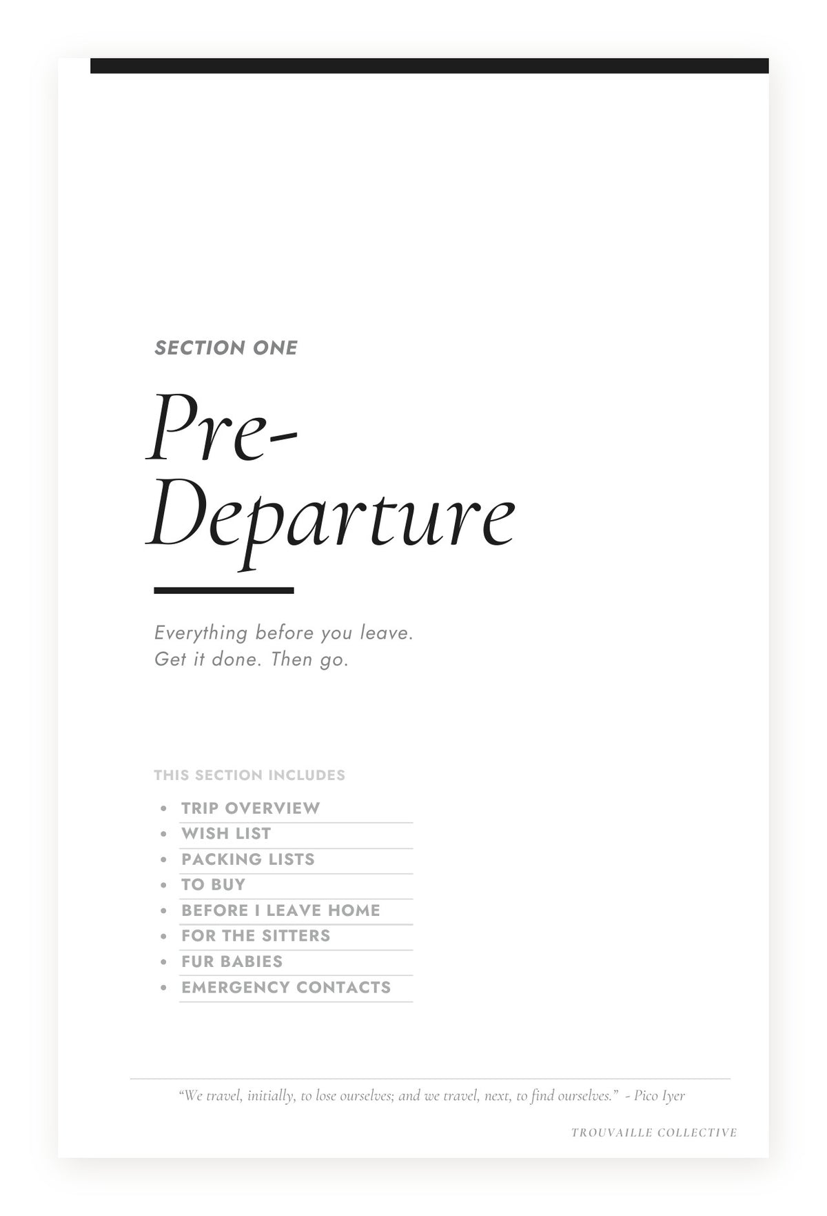 Section One Pre-Departure divider page in The Curated Trip travel planner