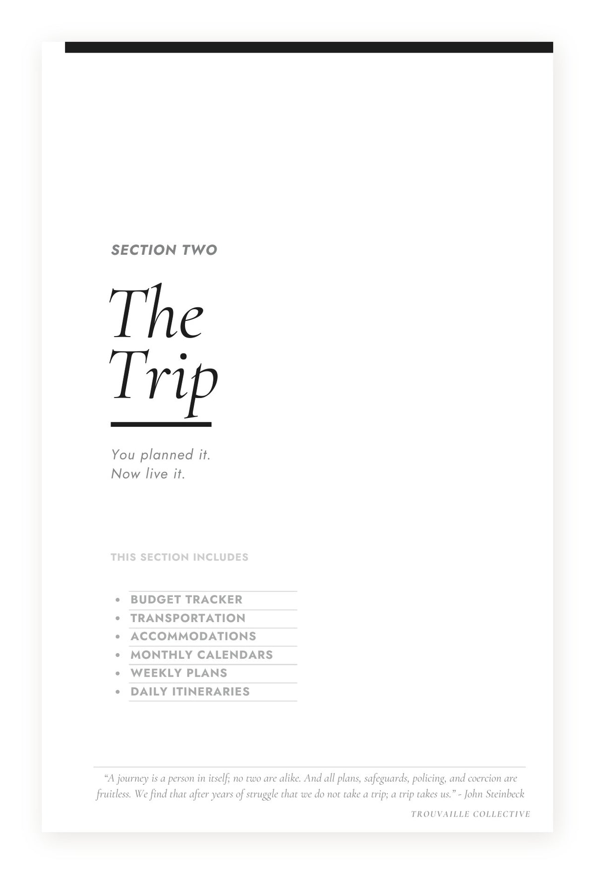 Section Two The Trip divider page in The Curated Trip travel planner