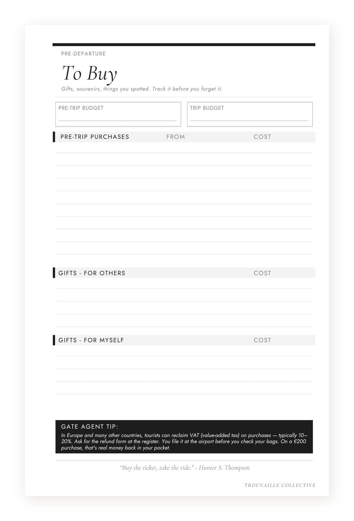 To Buy pre-trip shopping list page in The Curated Trip travel planner
