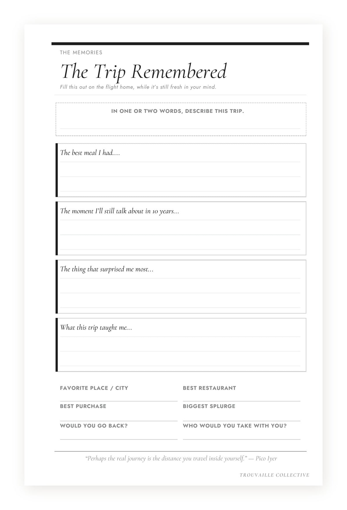 The Trip Remembered end-of-trip reflection page in The Curated Trip journal