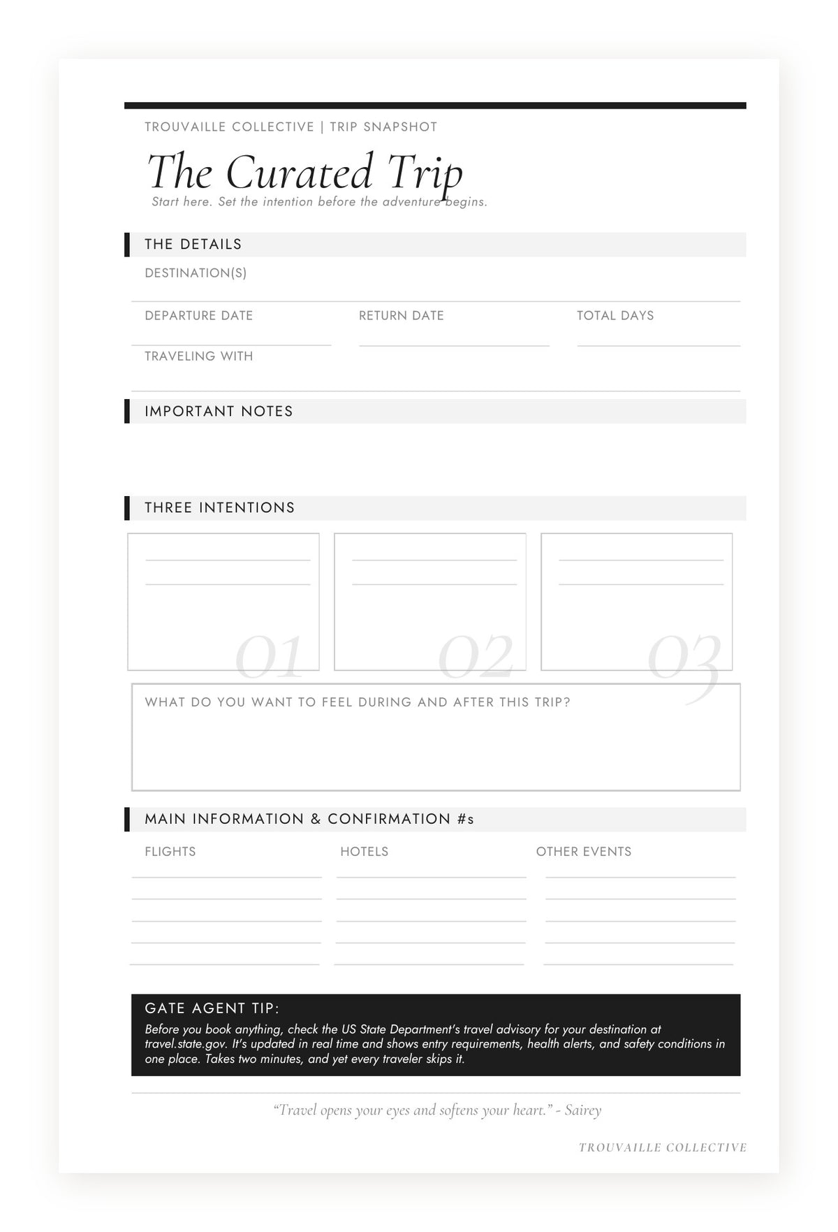 Trip overview and snapshot page in The Curated Trip travel planner