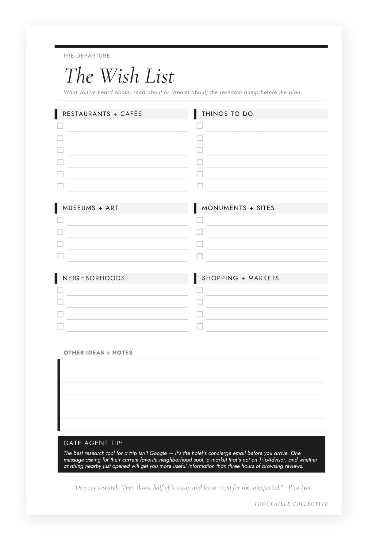 The Wish List page for trip ideas in The Curated Trip travel planner