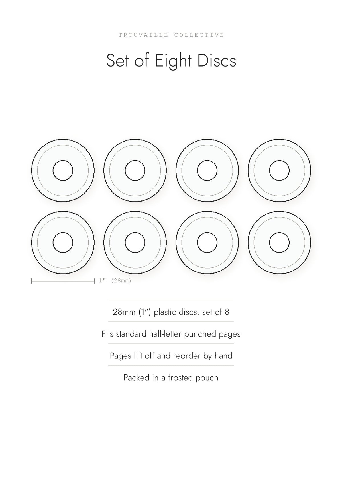 Set of eight 1 inch discbound planner discs, 28mm, for half letter pages