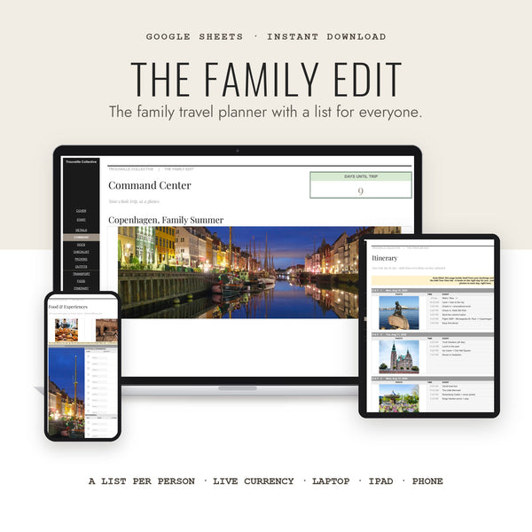 The Family Edit, a Google Sheets family travel planner on laptop, iPad and phone