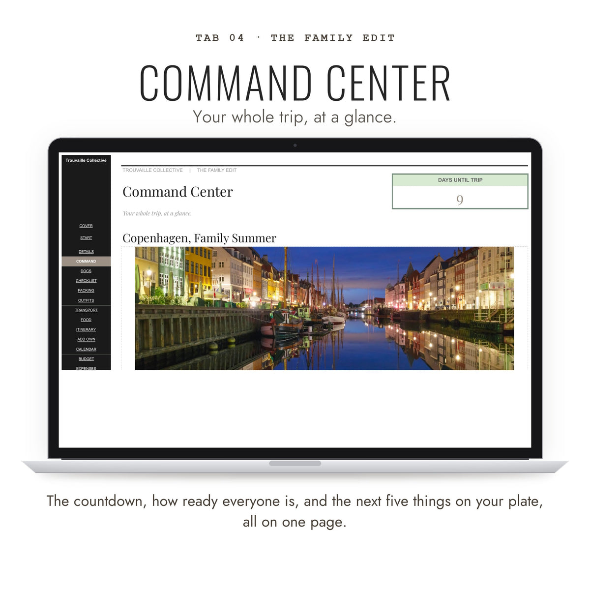 Command Center tab with the countdown and family readiness at a glance