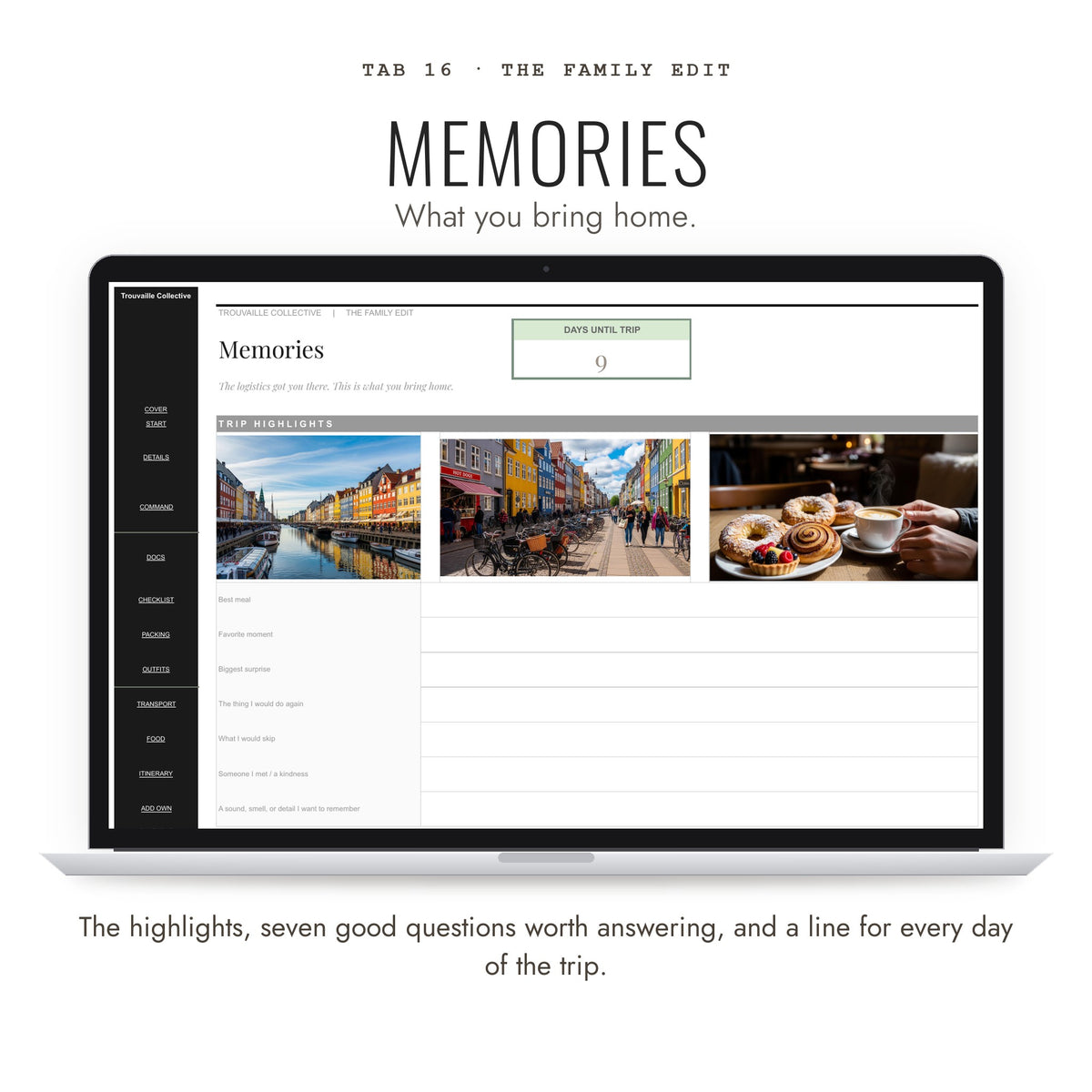 Memories tab for family trip highlights in The Family Edit Google Sheets family travel planner