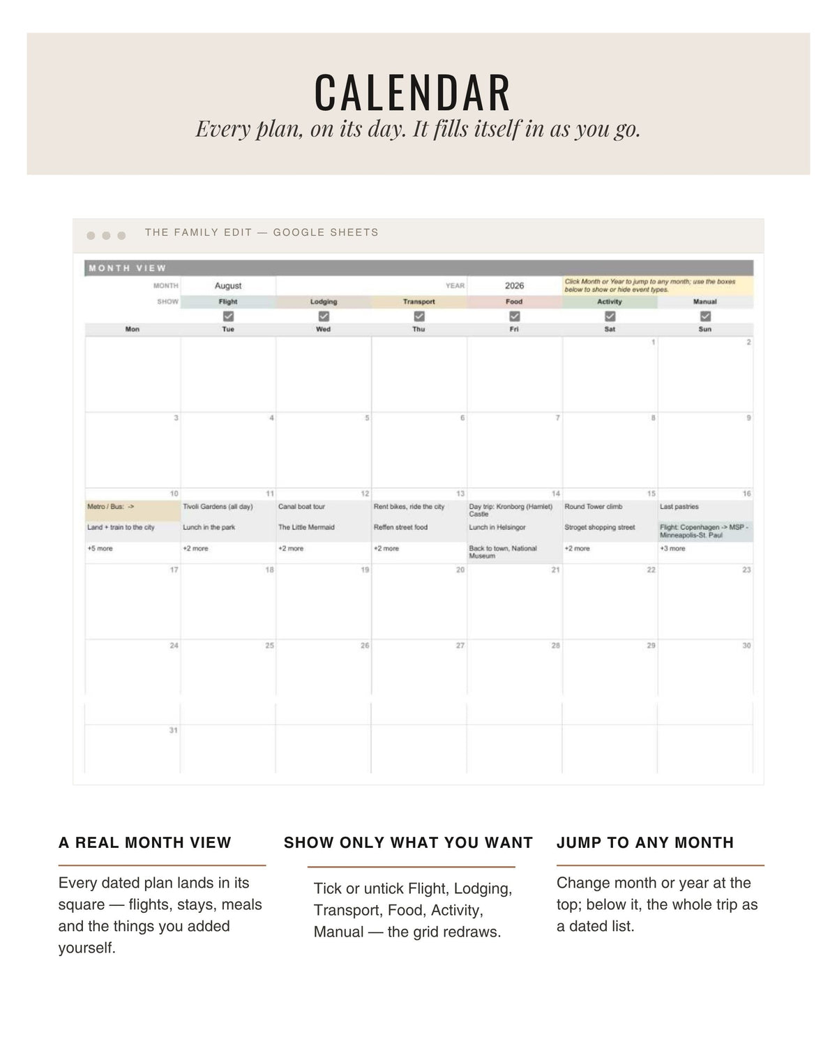 The Family Edit trip calendar view