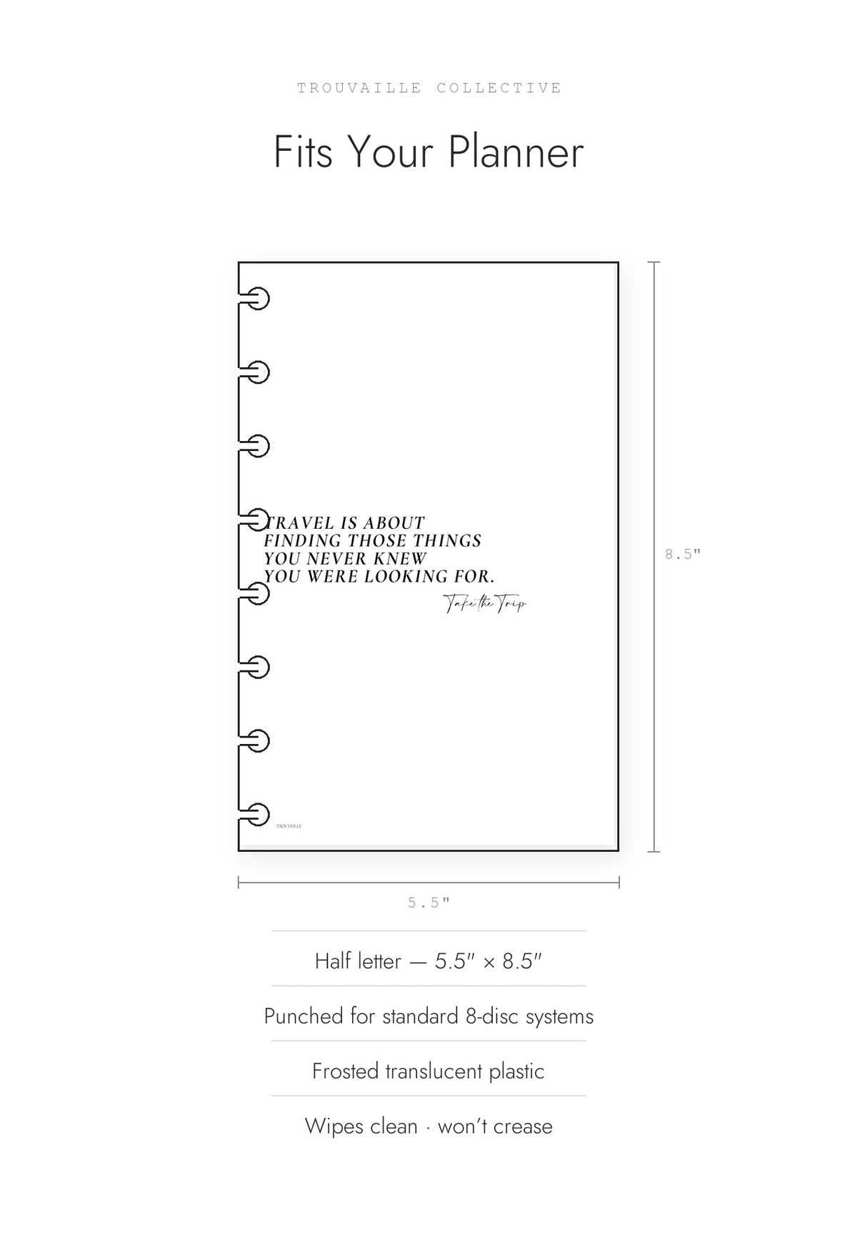 Finding Those Things frosted dashboard shown at half letter 5.5 by 8.5 inches, punched for 8-disc planners