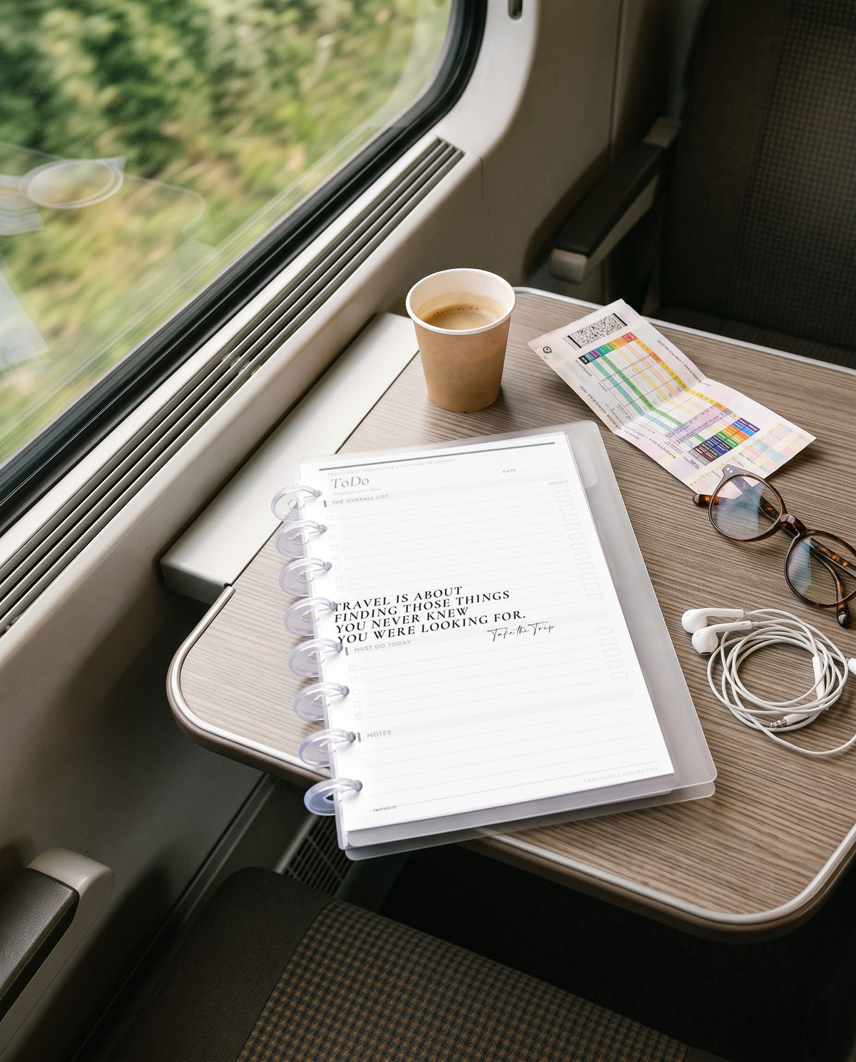 Finding Those Things frosted planner dashboard inside a clear half letter discbound planner with 8 discs on a train window table