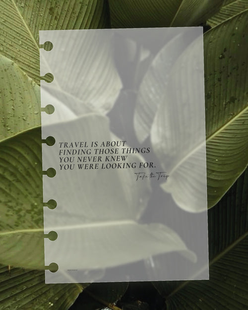 Finding Those Things frosted planner dashboard on a green leaf, the leaf visible through the translucent plastic