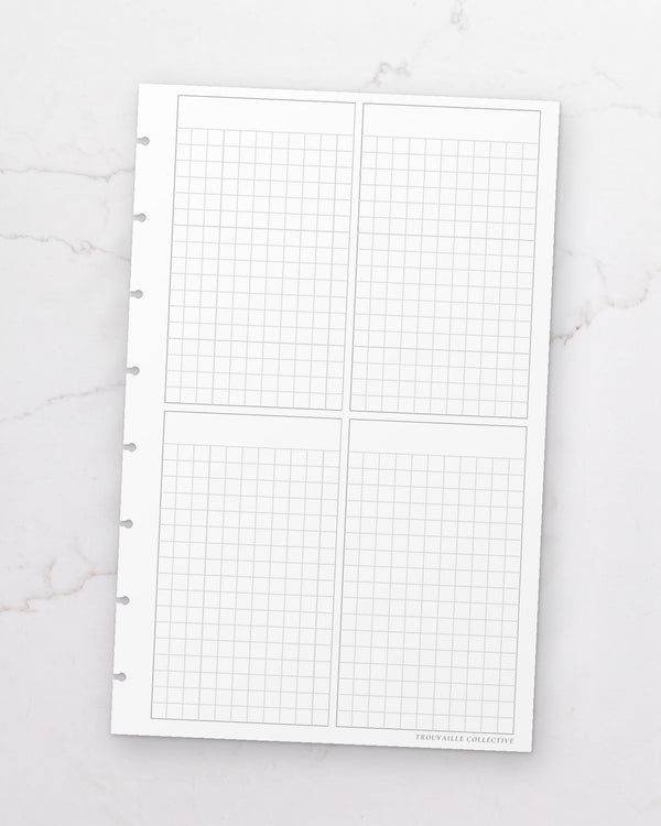 One Four-Section Grid half letter planner insert sheet, punched for 8-disc discbound planners