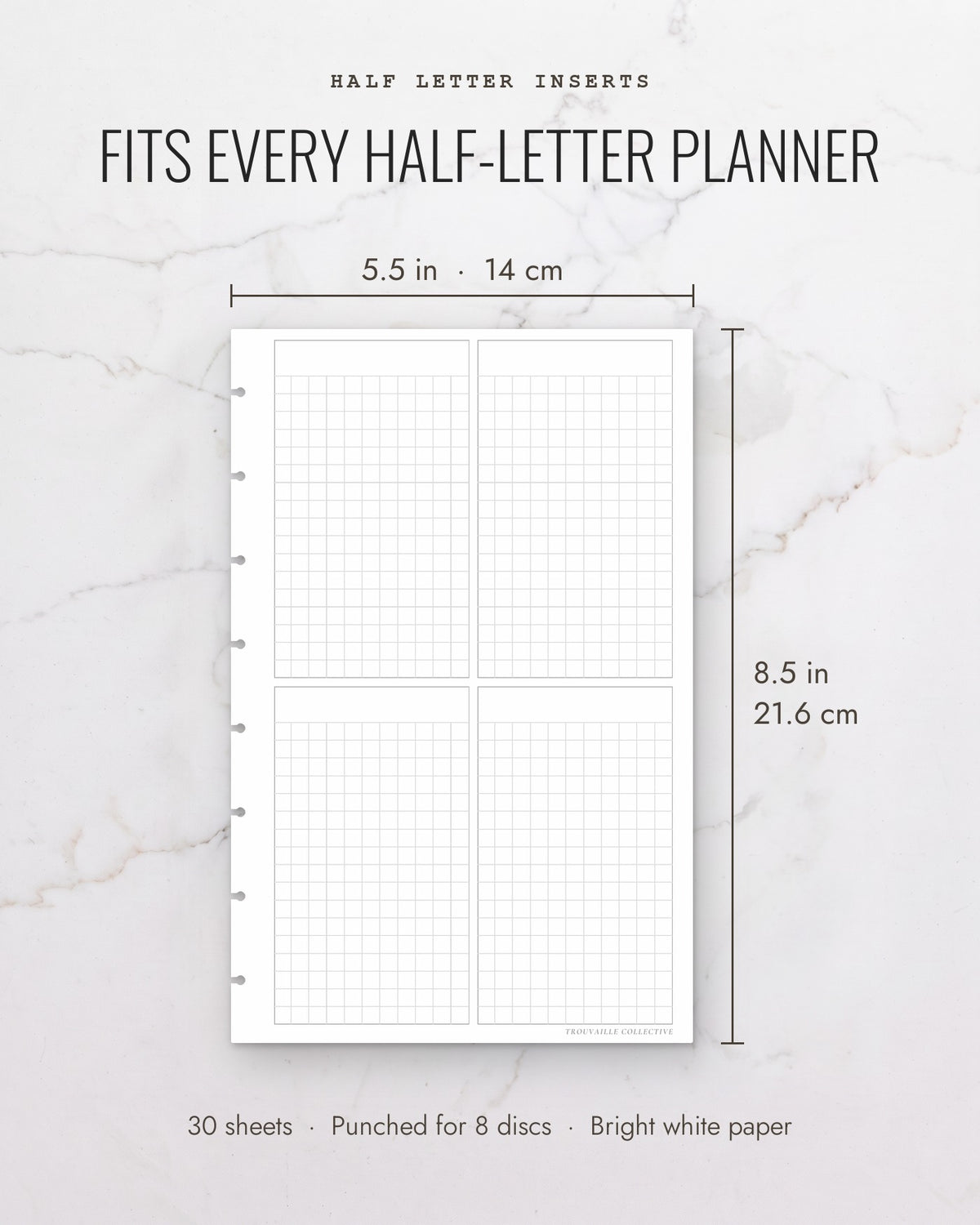 Four-Section Grid planner inserts measure 5.5 x 8.5 inches (14 x 21.6 cm), 30 sheets, punched for 8 discs