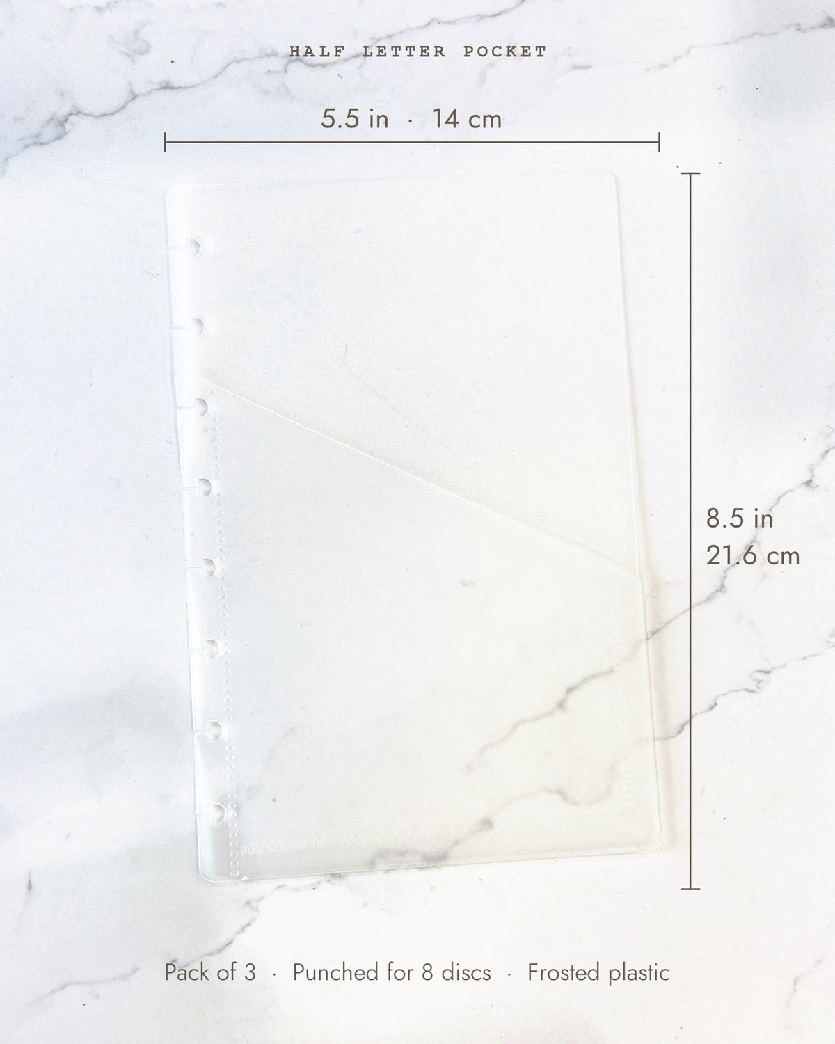 Frosted notebook pocket measures 5.5 x 8.5 inches (14 x 21.6 cm), set of 3, punched for 8 discs