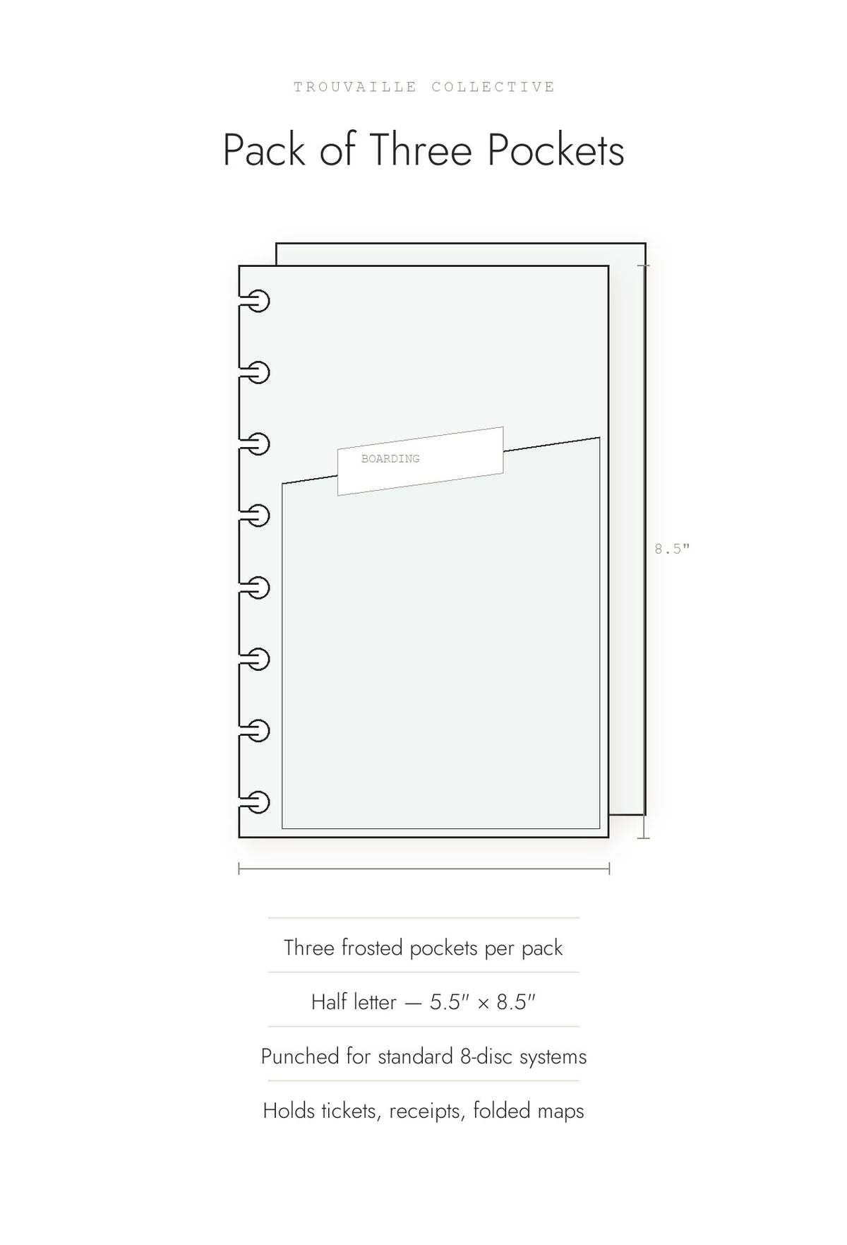 Pack of three frosted half letter discbound planner pockets holding a boarding pass
