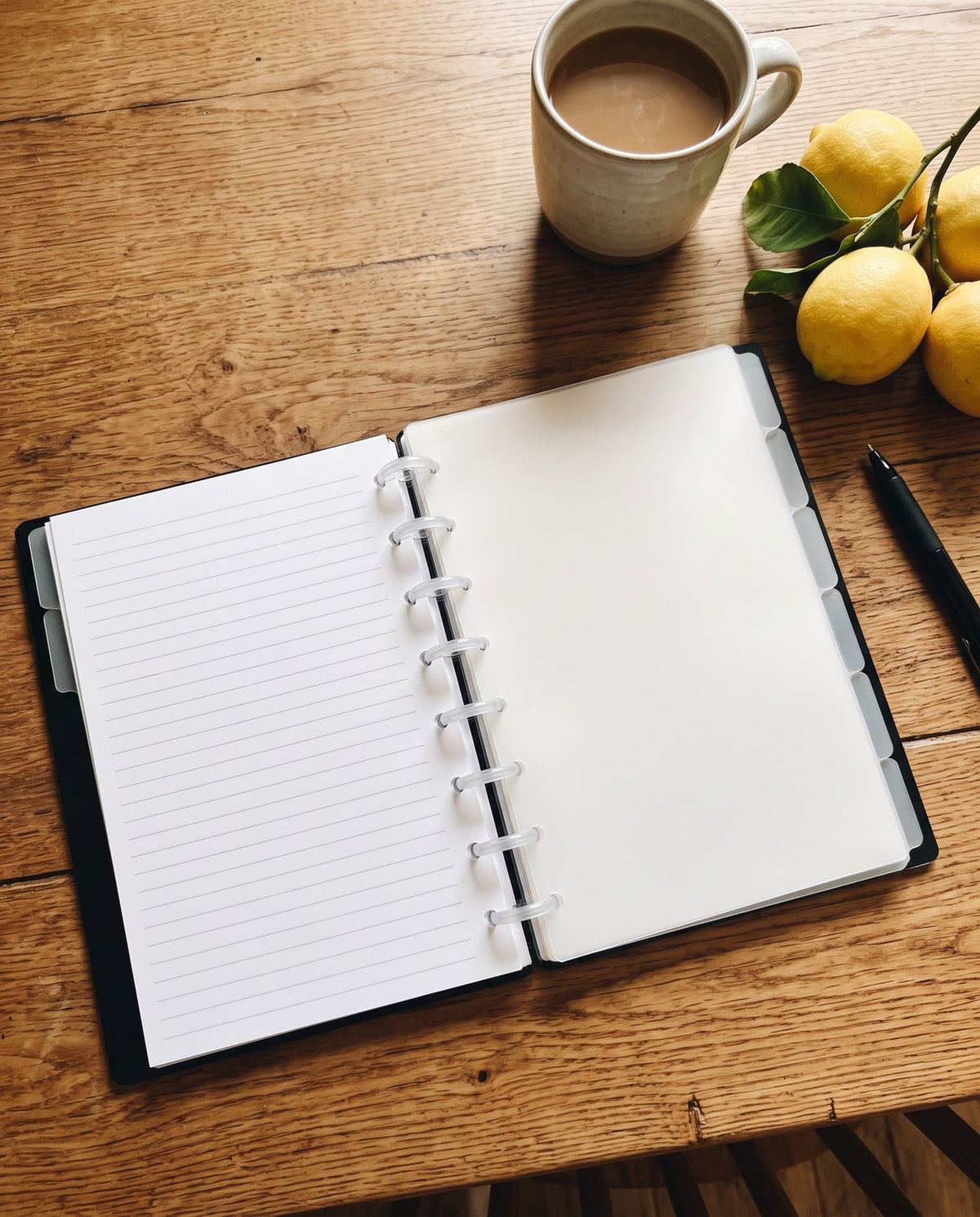 Frosted tabbed dividers inside an open half letter discbound planner with 8 clear discs on a wooden kitchen table